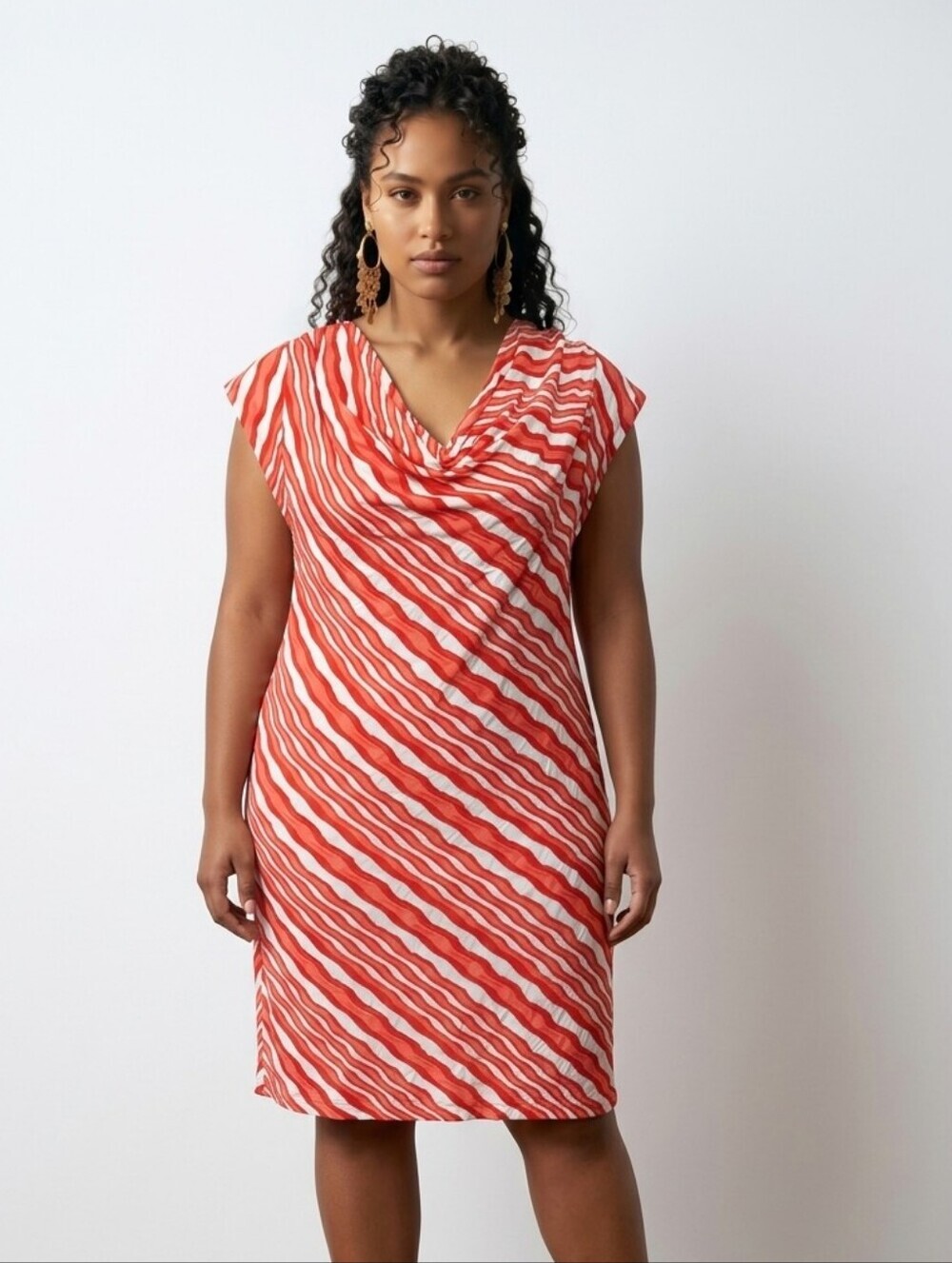 NWT Sharagano Coral and White Crinkle Wave Stripe Dress Sz 14